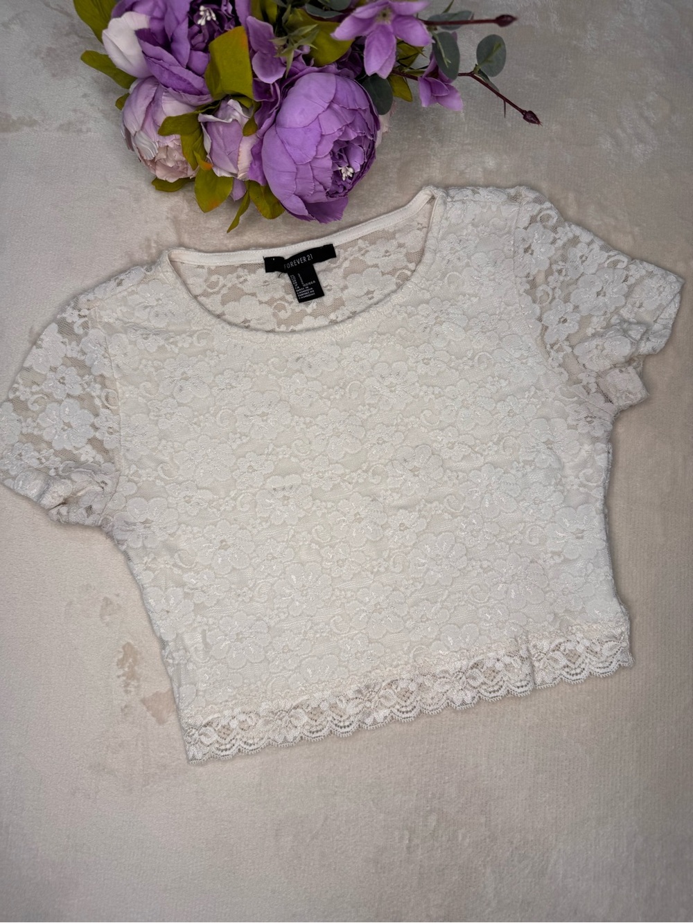 Forever 21 Cream Floral Lace Crop Top